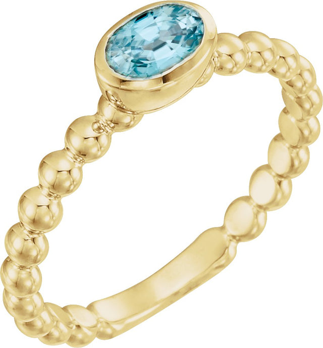 14K Gold Oval Natural Blue Zircon Family Beaded Stackable Ring - Yellow Gold