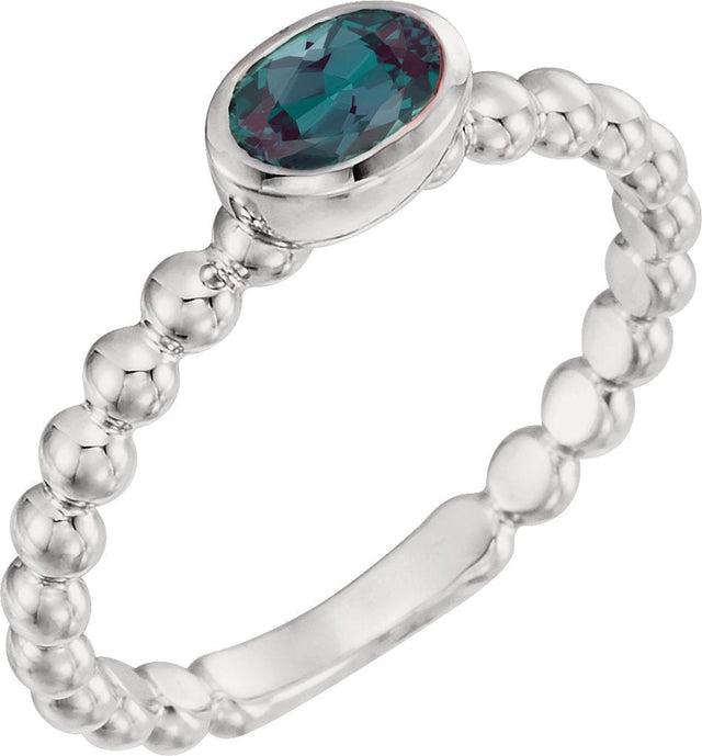 14K Gold Oval Lab-Grown Alexandrite Family Beaded Stackable Ring - White Gold