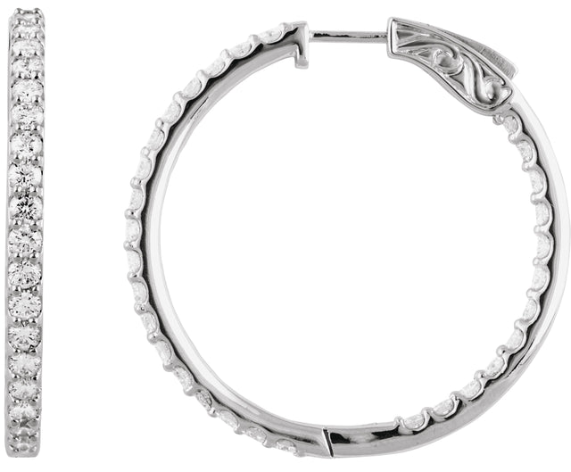 14K Gold Round Lab-Grown Diamond Inside-Outside Hoop Earrings - White Gold