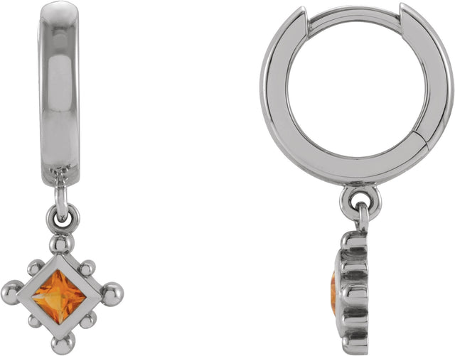 14K Gold Square Natural Citrine Beaded Bezel-Set Hoop Earrings - White Gold