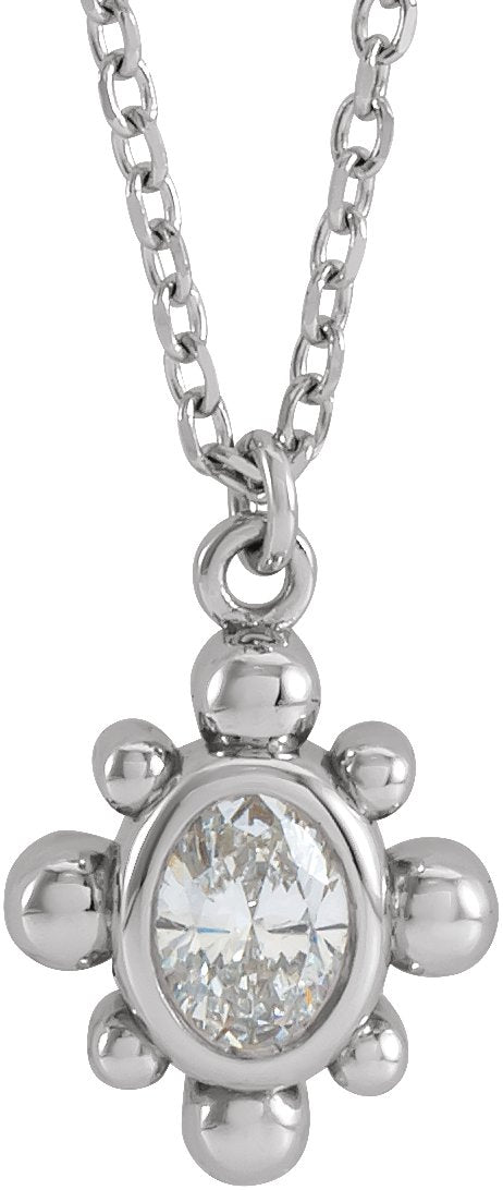 14K Gold Oval Natural Diamond Bezel-Set Beaded Necklace - White Gold