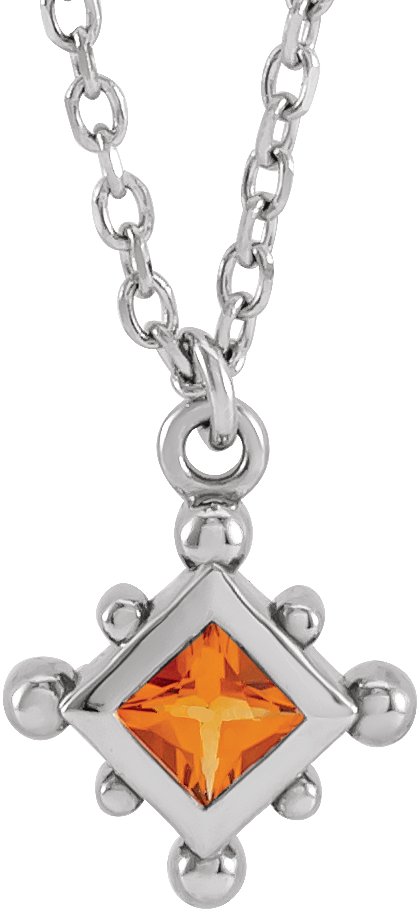 14K Gold Square Natural Citrine Bezel-Set Beaded Necklace - White Gold