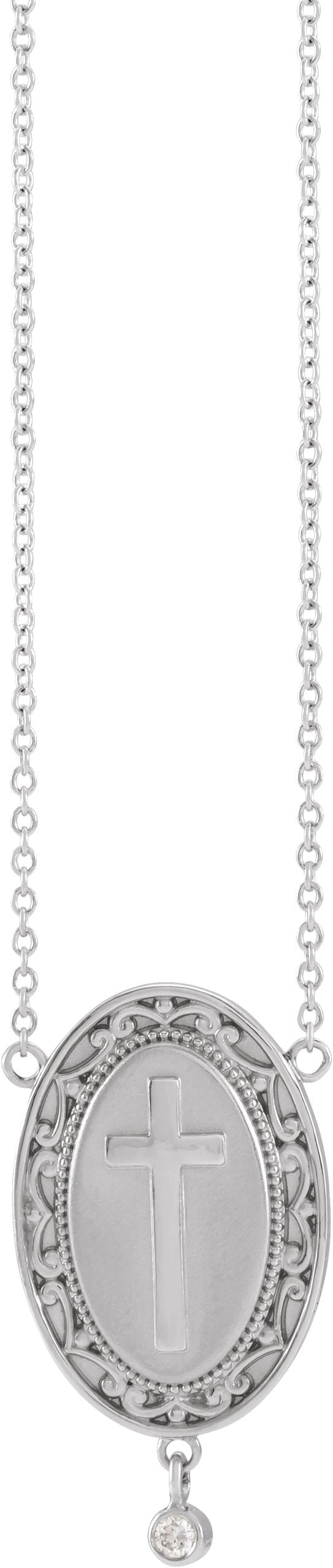 14K Gold Round Natural Diamond Rosary Cross Necklace - White Gold