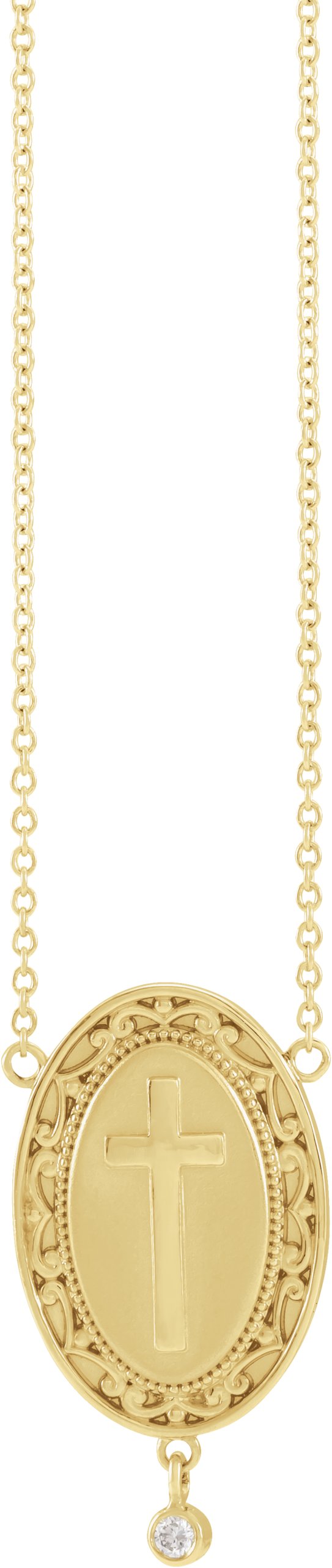 14K Gold Round Natural Diamond Rosary Cross Necklace - Yellow Gold