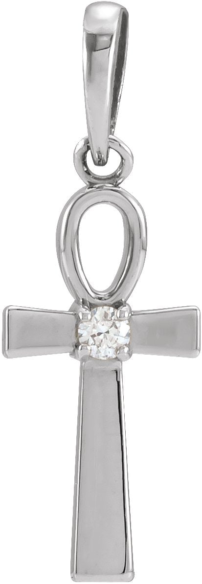 14K Gold Round Natural Diamond Ankh Cross Necklace or Pendant - White Gold