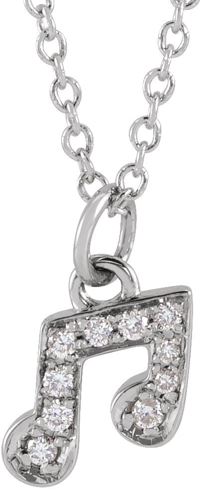 14K Gold Round Natural Diamond Petite Music Note Necklace - White Gold