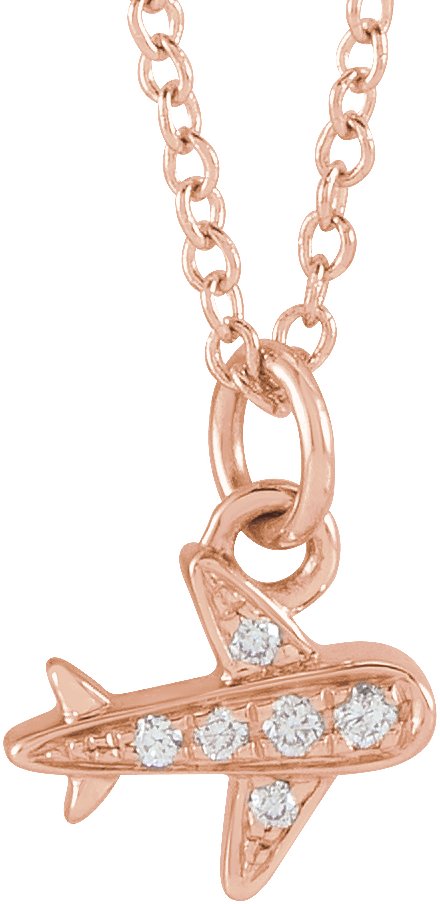14K Gold Round Natural Diamond Petite Airplane Necklace - Rose Gold