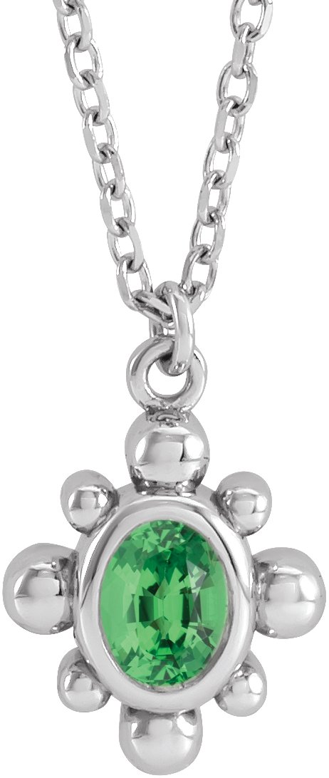 14K Gold Oval Natural Tsavorite Garnet Bezel-Set Beaded Necklace - White Gold