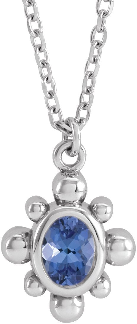 14K Gold Oval Natural Tanzanite Bezel-Set Beaded Necklace - White Gold