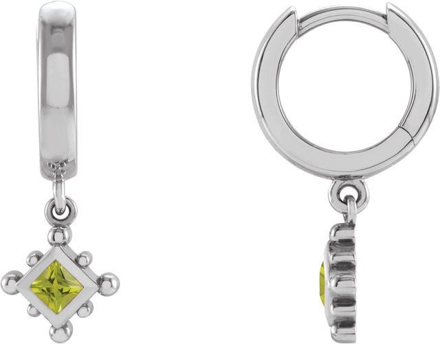 Platinum Square Natural Peridot Beaded Bezel-Set Hoop Earrings