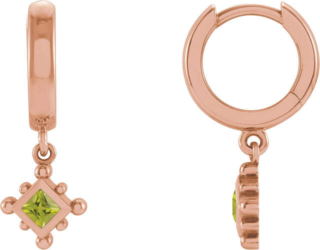 14K Gold Square Natural Peridot Beaded Bezel-Set Hoop Earrings - Rose Gold