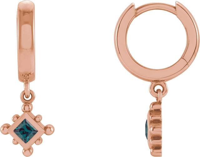 14K Gold Square Lab-Grown Alexandrite Beaded Bezel-Set Hoop Earrings - Rose Gold