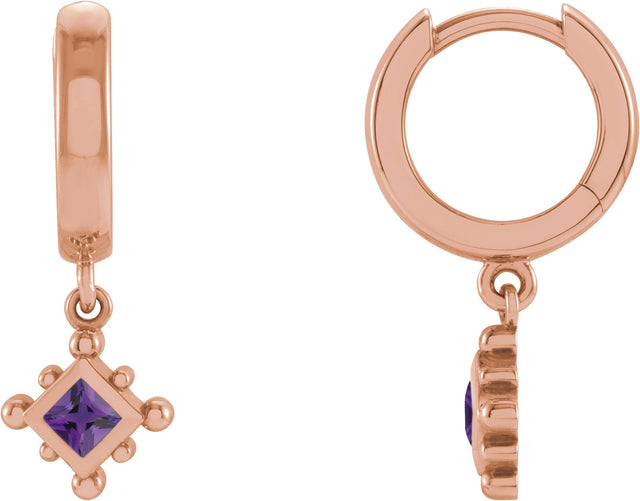 14K Gold Square Natural Amethyst Beaded Bezel-Set Hoop Earrings - Rose Gold
