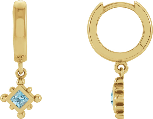 14K Gold Square Natural Aquamarine Beaded Bezel-Set Hoop Earrings - Yellow Gold