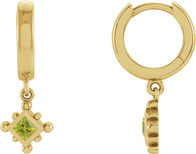 14K Gold Square Natural Peridot Beaded Bezel-Set Hoop Earrings - Yellow Gold