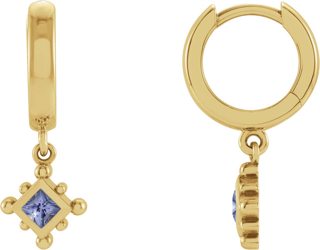 14K Gold Square Natural Tanzanite Beaded Bezel-Set Hoop Earrings - Yellow Gold