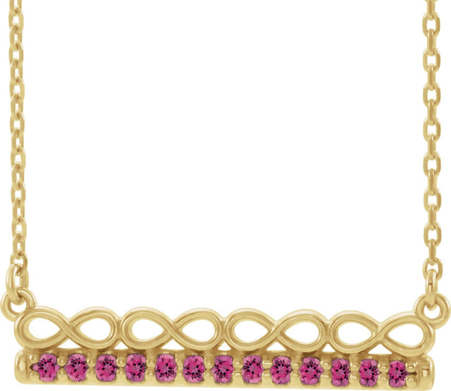 14K Gold Round Natural Pink Tourmaline Infinity-Inspired Bar Necklace - Yellow Gold