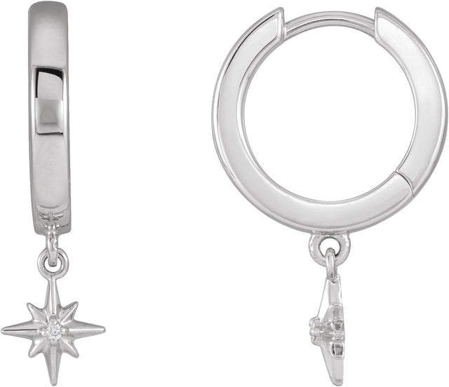 Platinum Round Natural Diamond Accented Star Hoop Earrings