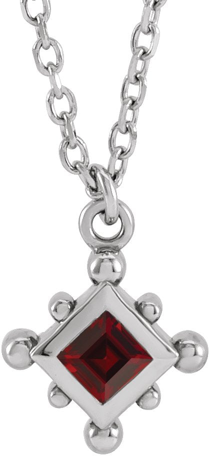 14K Gold Square Natural Mozambique Garnet Bezel-Set Beaded Necklace - White Gold