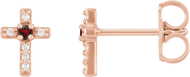 14K Gold Round Natural Mozambique Garnet Accented Cross Earrings – 1.5-2mm Stones - Rose Gold