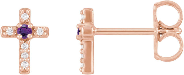 14K Gold Round Natural Amethyst Accented Cross Earrings – 1.5-2mm Stones - Rose Gold