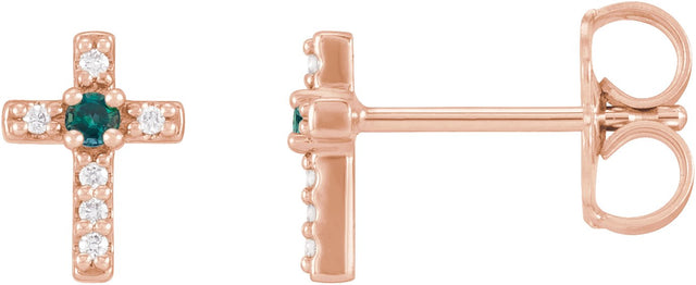 14K Gold Round Natural Alexandrite Accented Cross Earrings – 1.5-2mm Stones - Rose Gold