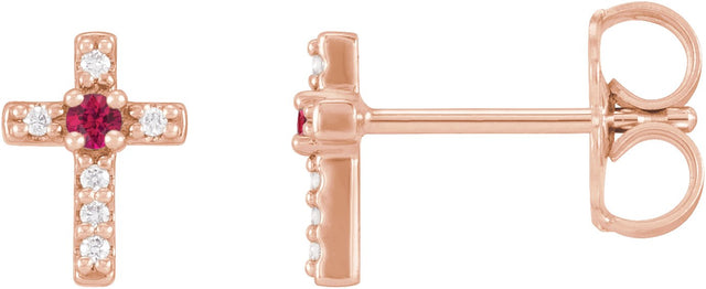 14K Gold Round Natural Ruby Accented Cross Earrings – 1.5-2mm Stones - Rose Gold