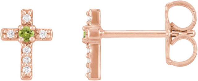 14K Gold Round Natural Peridot Accented Cross Earrings – 1.5-2mm Stones - Rose Gold