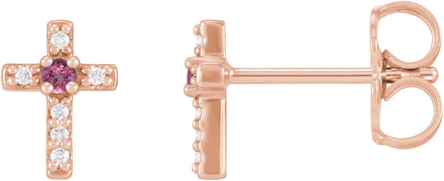14K Gold Round Natural Pink Tourmaline Accented Cross Earrings – 1.5-2mm Stones - Rose Gold