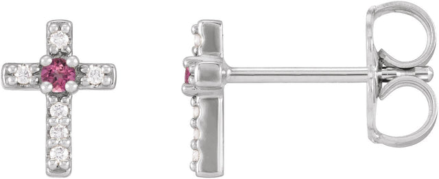 Platinum Round Natural Pink Tourmaline Accented Cross Earrings – 1.5-2mm Stones
