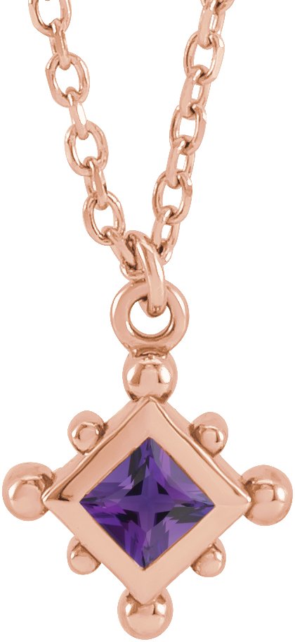 14K Gold Square Natural Amethyst Bezel-Set Beaded Necklace - Rose Gold