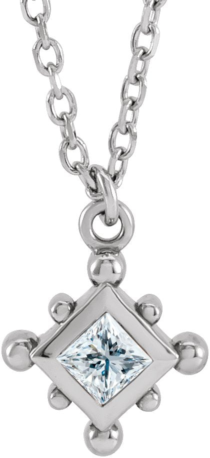 14K Gold Square Natural Diamond Bezel-Set Beaded Necklace - White Gold