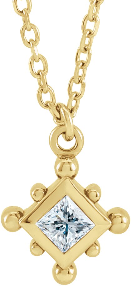 14K Gold Square Natural Diamond Bezel-Set Beaded Necklace - Yellow Gold