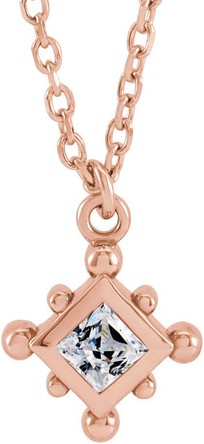 14K Gold Square Natural White Sapphire Bezel-Set Beaded Necklace - Rose Gold