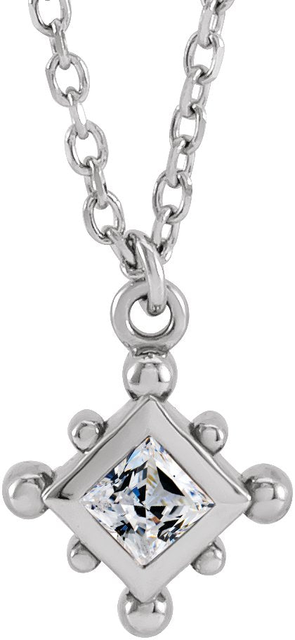 14K Gold Square Natural White Sapphire Bezel-Set Beaded Necklace - White Gold