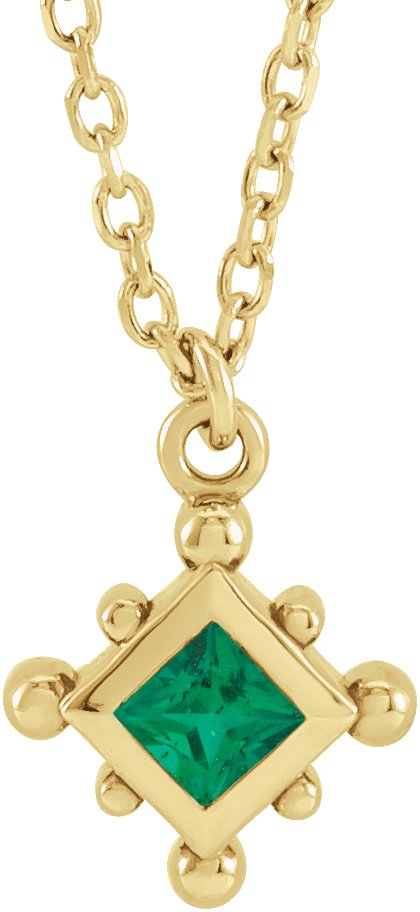 14K Gold Square Natural Emerald Bezel-Set Beaded Necklace - Yellow Gold