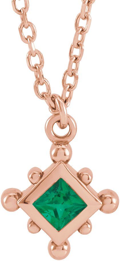 14K Gold Square Lab-Grown Emerald Bezel-Set Beaded Necklace - Rose Gold