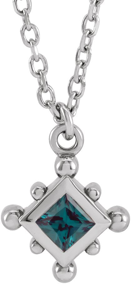14K Gold Square Lab-Grown Alexandrite Bezel-Set Beaded Necklace - White Gold