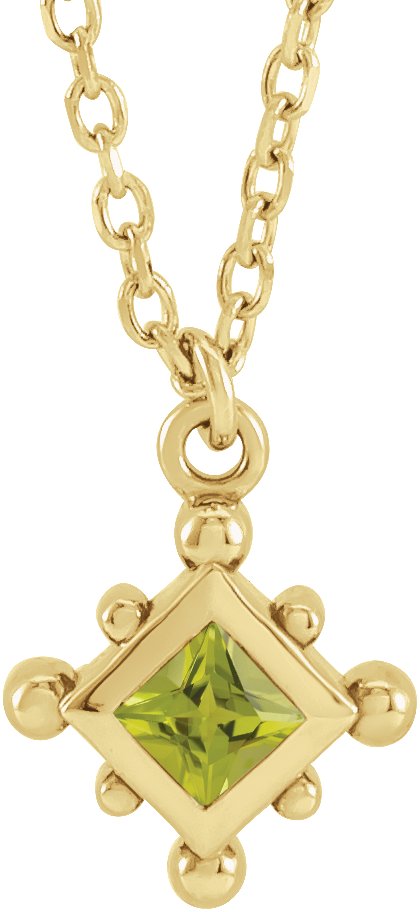 14K Gold Square Natural Peridot Bezel-Set Beaded Necklace - Yellow Gold