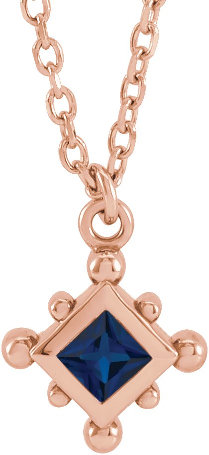 14K Gold Square Lab-Grown Blue Sapphire Bezel-Set Beaded Necklace - Rose Gold
