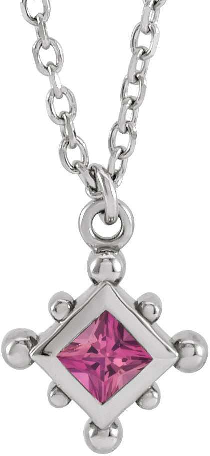 14K Gold Square Natural Pink Tourmaline Bezel-Set Beaded Necklace - White Gold