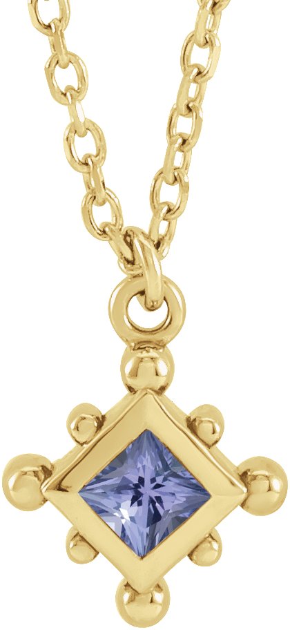 14K Gold Square Natural Tanzanite Bezel-Set Beaded Necklace - Yellow Gold