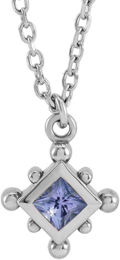 14K Gold Square Natural Tanzanite Bezel-Set Beaded Necklace - White Gold