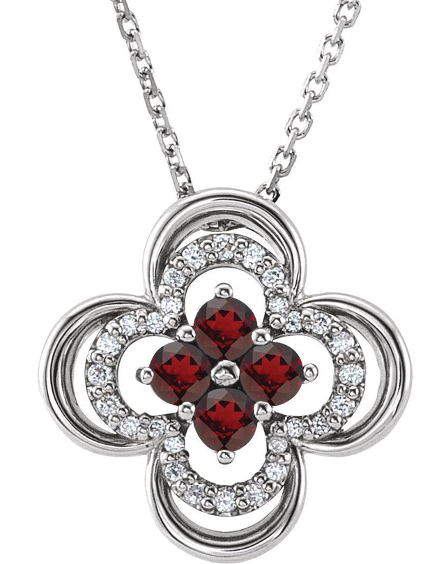 Platinum Round Natural Mozambique Garnet Clover Necklace or Pendant – 0.08 CTW