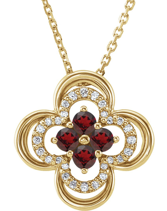 14K Gold Round Natural Mozambique Garnet Clover Necklace or Pendant – 0.08 CTW - Yellow Gold