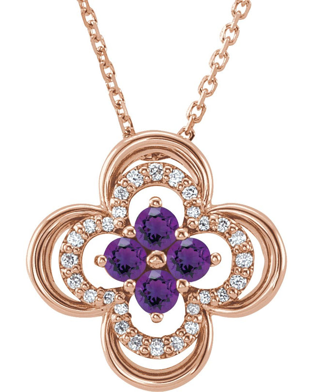 14K Gold Round Natural Amethyst Clover Necklace or Pendant – 0.08 CTW - Rose Gold