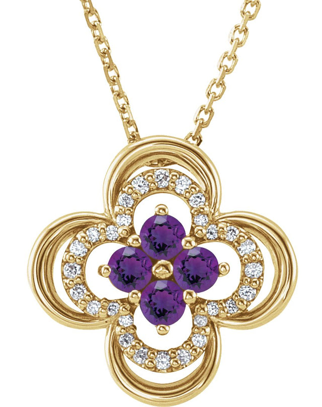 14K Gold Round Natural Amethyst Clover Necklace or Pendant – 0.08 CTW - Yellow Gold