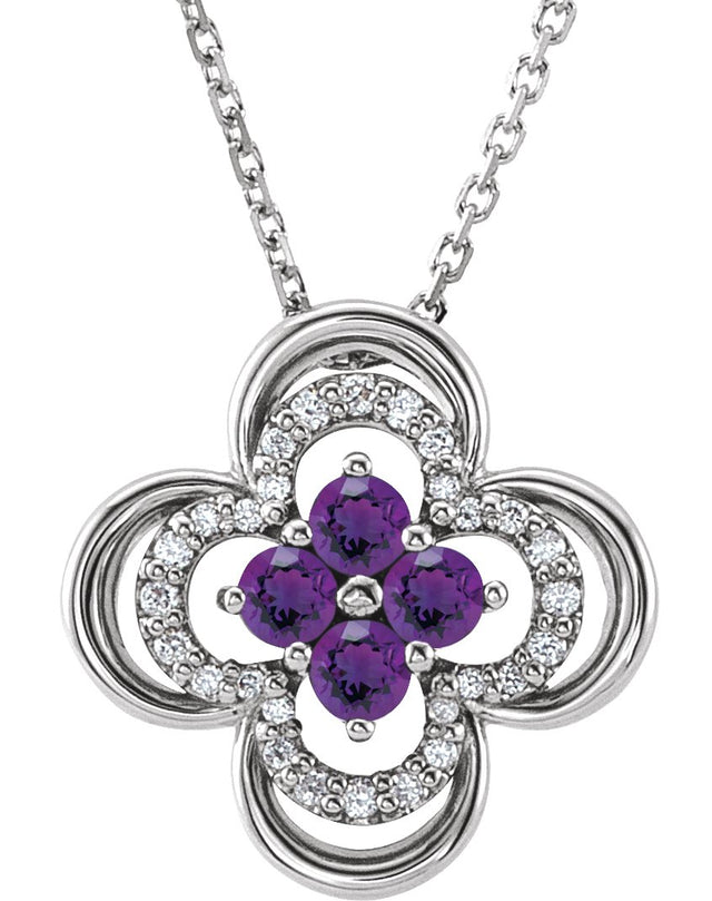 Platinum Round Natural Amethyst Clover Necklace or Pendant – 0.08 CTW