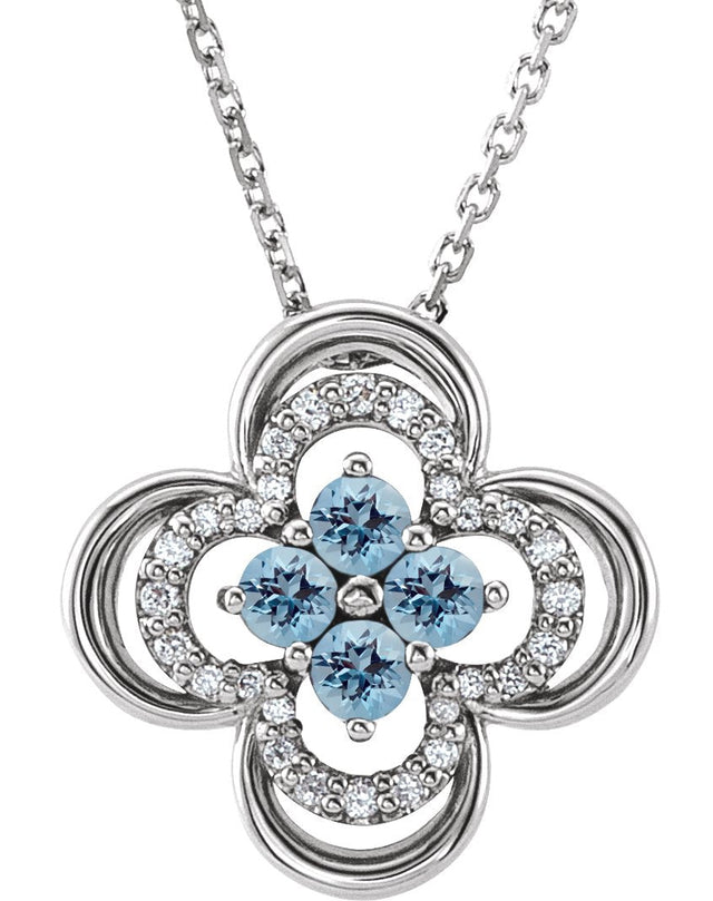 Platinum Round Natural Aquamarine Clover Necklace or Pendant – 0.08 CTW