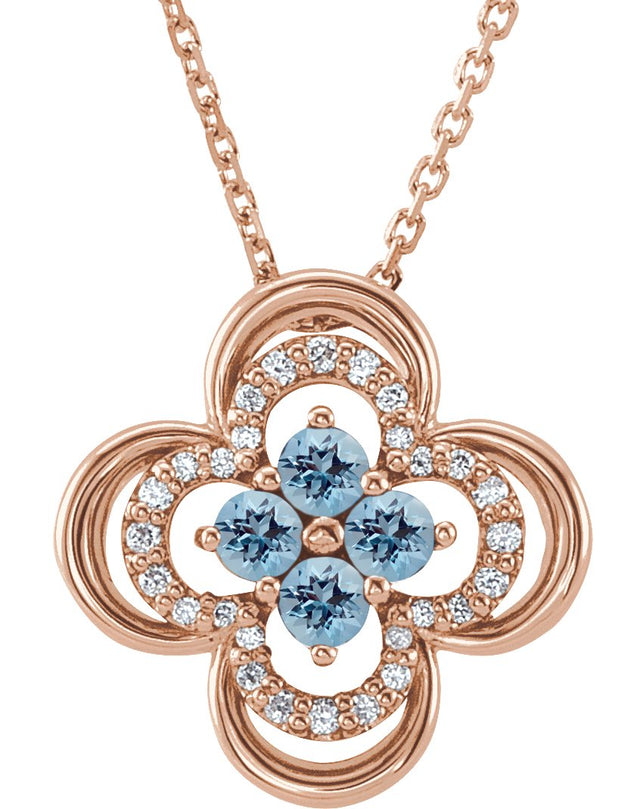 14K Gold Round Natural Aquamarine Clover Necklace or Pendant – 0.08 CTW - Rose Gold